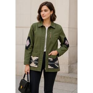 Scotch & Soda Utility Jacket Sz S Olive Aztec Patchwork Cotton Canvas Boho Cargo